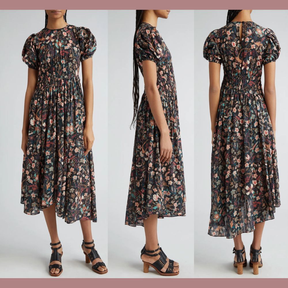 NEW $490 Ulla Johnson [ 4 ] Eden Floral Puff Sleeve Cotton Blend Midi Dress Q901